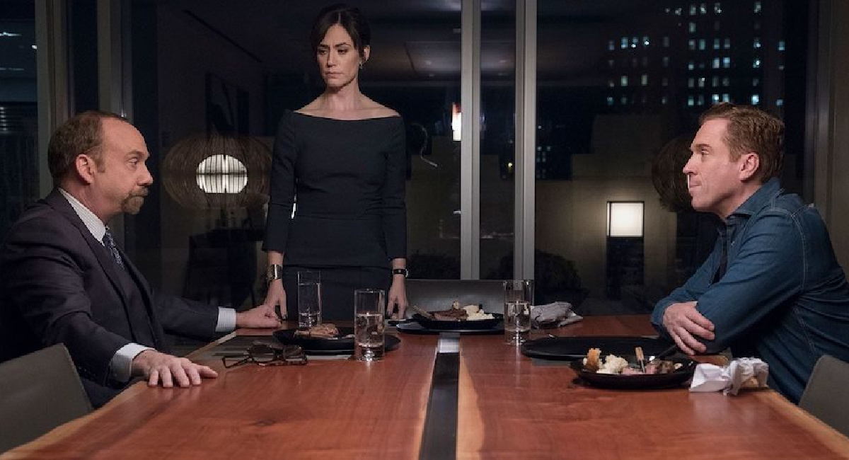 Paul Giamatti, Maggie Siff, and Damian Lewis from season 3 of Showtime's 'Billions.'