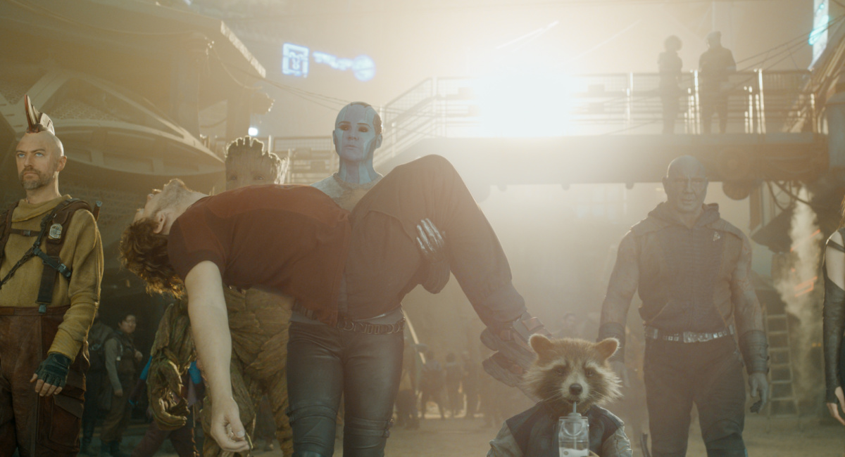Sean Gunn as Kraglin, Groot (voiced by Vin Diesel), Chris Pratt as Peter Quill/Star-Lord, Karen Gillan as Nebula, Rocket (voiced by Bradley Cooper), Dave Bautista as Drax, and Pom Klementieff as Mantis in Marvel Studios' 'Guardians of the Galaxy Vol. 3.'