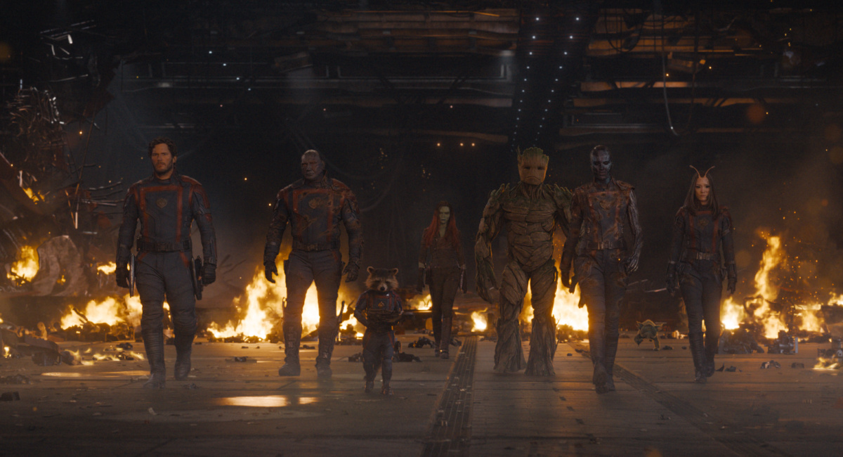 Chris Pratt as Peter Quill/Star-Lord, Dave Bautista as Drax, Rocket (voiced by Bradley Cooper), Zoe Saldana as Gamora, Groot (voiced by Vin Diesel), Karen Gillan as Nebula, and Pom Klementieff as Mantis in Marvel Studios' 'Guardians of the Galaxy Vol. 3.'