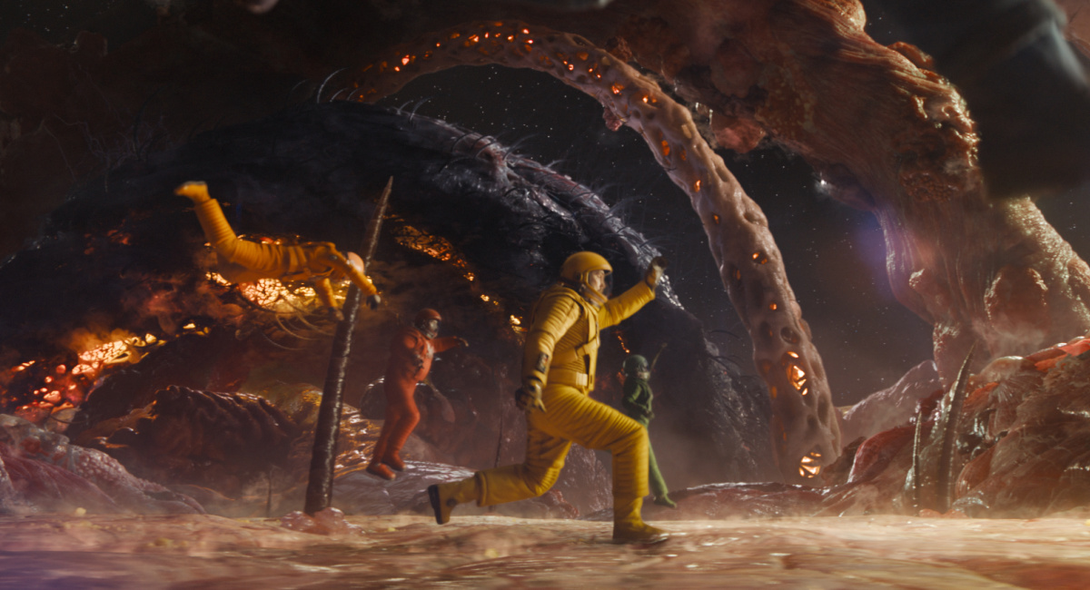 Pom Klementieff as Mantis, Dave Bautista as Drax, and Chris Pratt as Peter Quill/Star-Lord, and Karen Gillan as Nebula in Marvel Studios' 'Guardians of the Galaxy Vol. 3.'