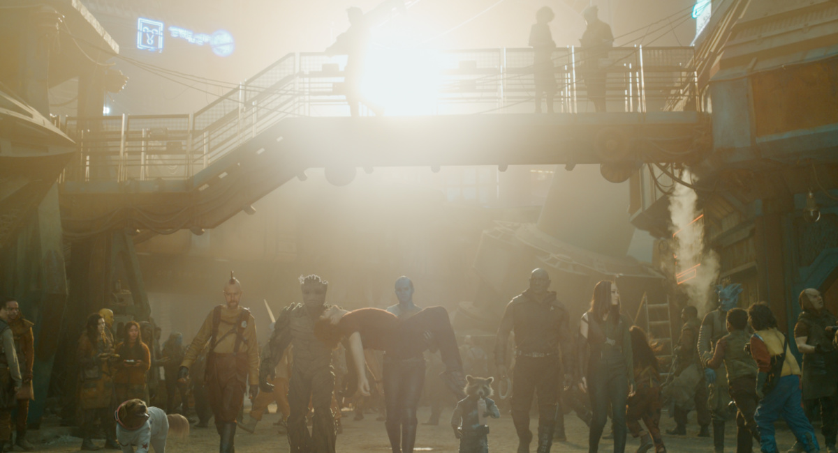 Cosmo (voiced by Maria Bakalova), Sean Gunn as Kraglin, Groot (voiced by Vin Diesel), Chris Pratt as Peter Quill/Star-Lord, Karen Gillan as Nebula, Rocket (voiced by Bradley Cooper), Dave Bautista as Drax, and Pom Klementieff as Mantis in Marvel Studios' 'Guardians of the Galaxy Vol. 3.'