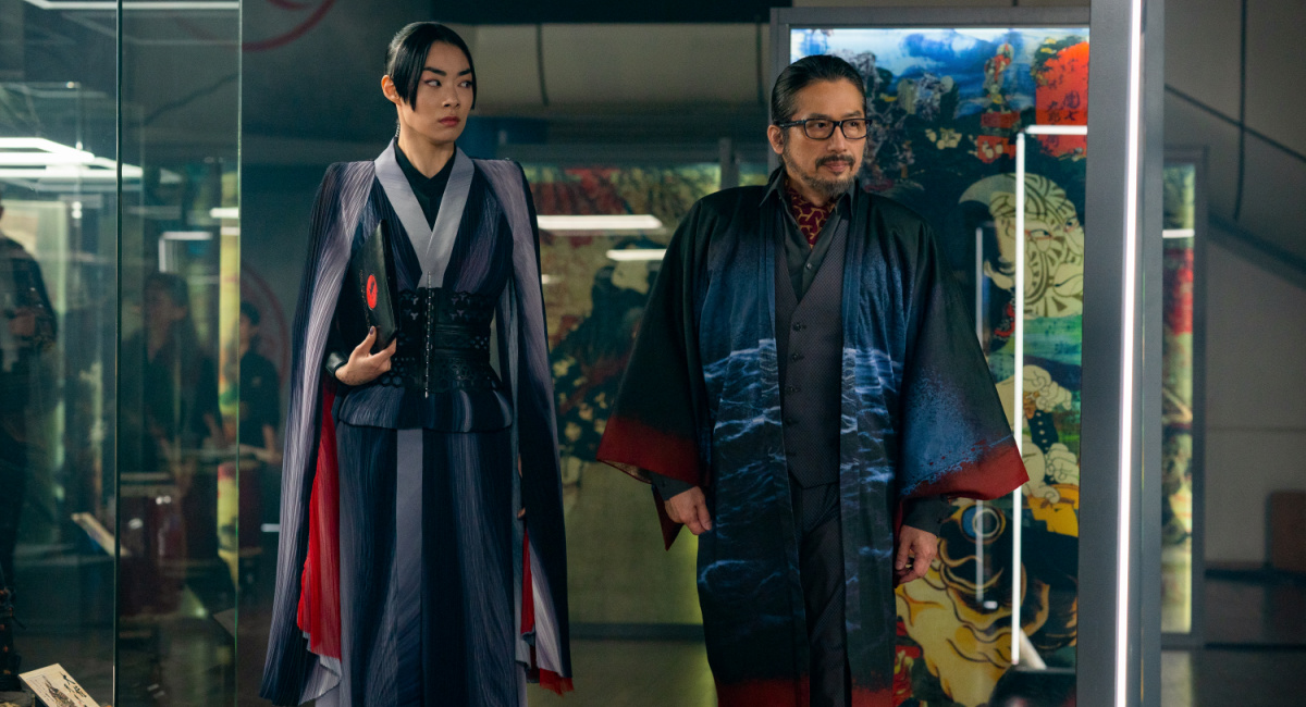 Rina Sawayama as Akira Shimazu and Hiroyuki Sanada as Shimazu in 'John Wick: Chapter 4.'