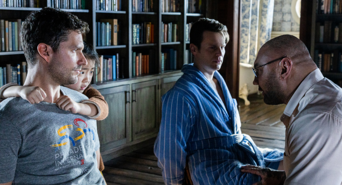 Ben Aldridge, Kristen Cui, Jonathan Groff and Dave Bautista in 'Knock at the Cabin,' directed by M. Night Shyamalan.