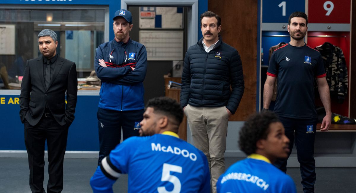 Nick Mohammed, Brendan Hunt, Jason Sudeikis and Brett Goldstein in 'Ted Lasso' season two, now streaming on Apple TV+.