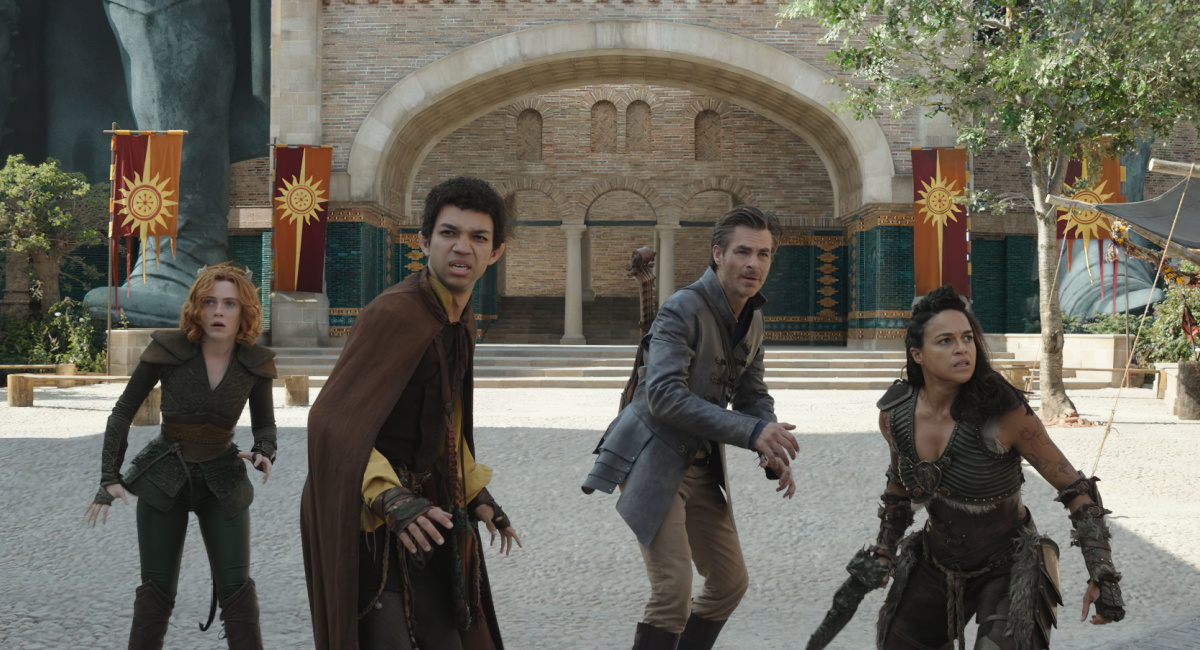 Sophia Lillis plays Doric, Justice Smith plays Simon, Chris Pine plays Edgin and Michelle Rodriguez plays Holga in 'Dungeons & Dragons: Honor Among Thieves' from Paramount Pictures and eOne.