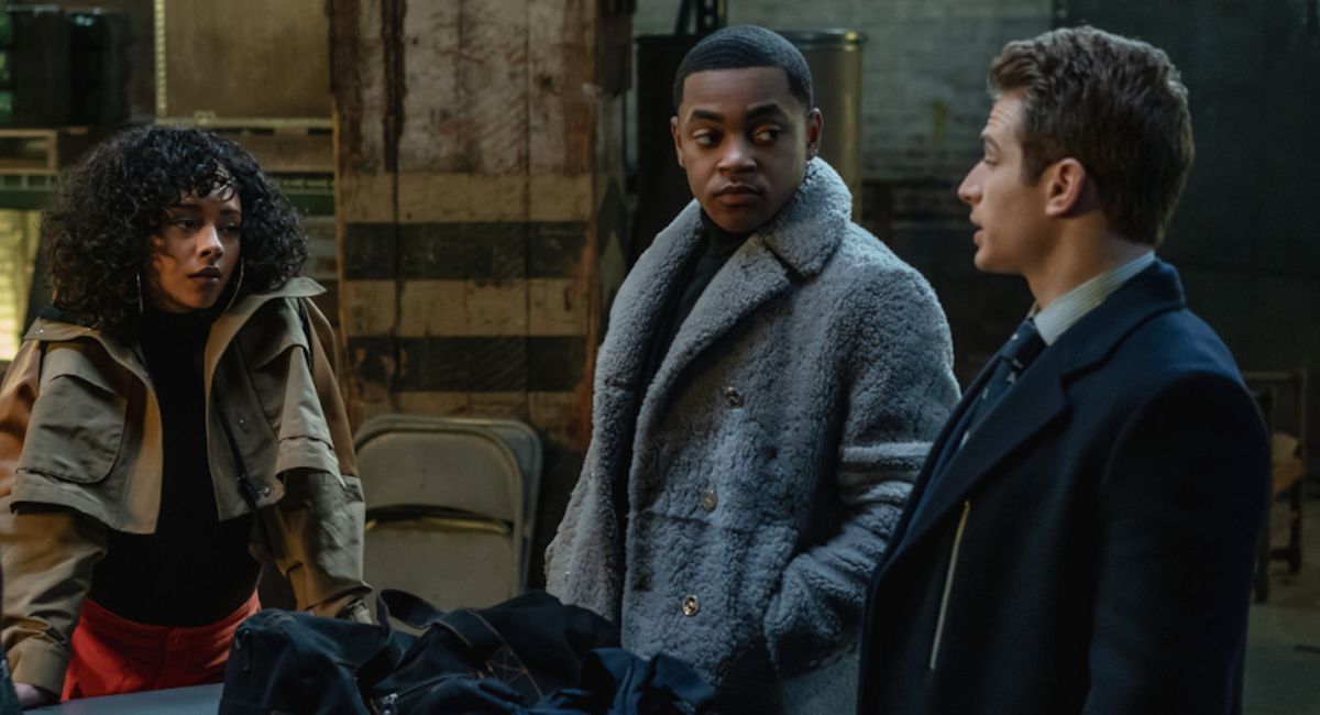 Alix Lapri ("Effie Morales"), Michael Rainey Jr. ("Tariq St. Patrick"), and Gianni Paolo ("Brayden Weston") in STARZ's 'Power Book II: Ghost' season 3.