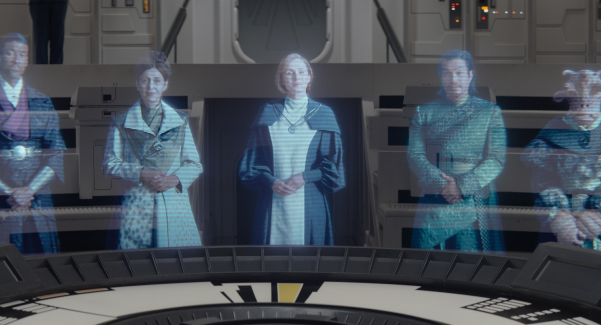 Senator Mawood (Maurice Irvin), Senator Rodrigo (Jacqueline Antaramian), Chancellor Mon Mothma (Genevieve O'Reilly), Senator Xiono (Nelson Lee) and Gran Senator (Erica Duke) in Lucasfilm's 'Ahsoka,' exclusively on Disney+.