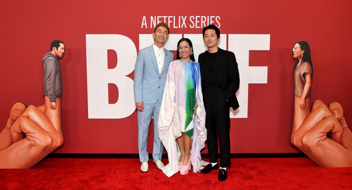 Lee Sung Jin, Ali Wong and Steven Yeun attend Netflix's Los Angeles premiere of 'BEEF' at Netflix Tudum Theater on March 30, 2023 in Los Angeles, California.