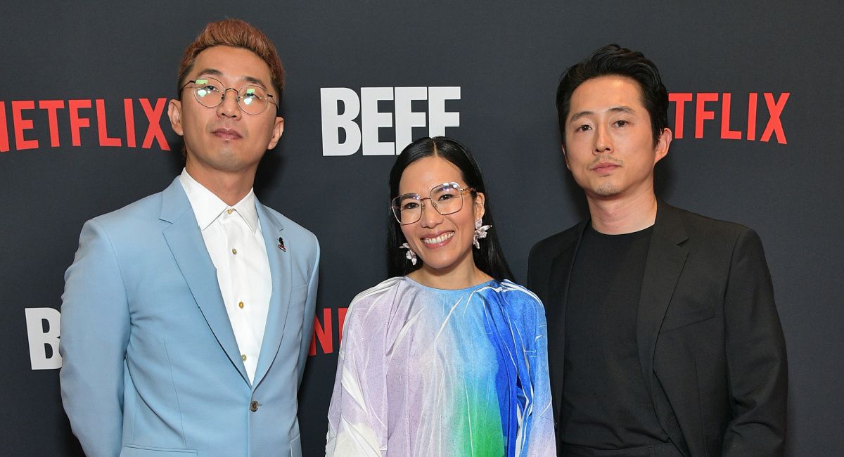 Lee Sung Jin, Ali Wong and Steven Yeun attend Netflix's Los Angeles premiere of 'BEEF' at Netflix Tudum Theater on March 30, 2023 in Los Angeles, California.