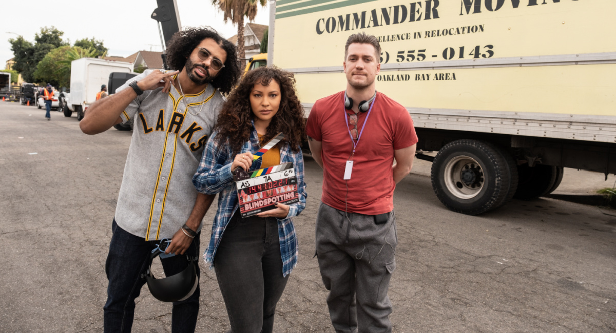 Daveed Diggs, Jasmine Cephas Jones, and Rafael Casal on the set of Starz's 'Blindspotting.'
