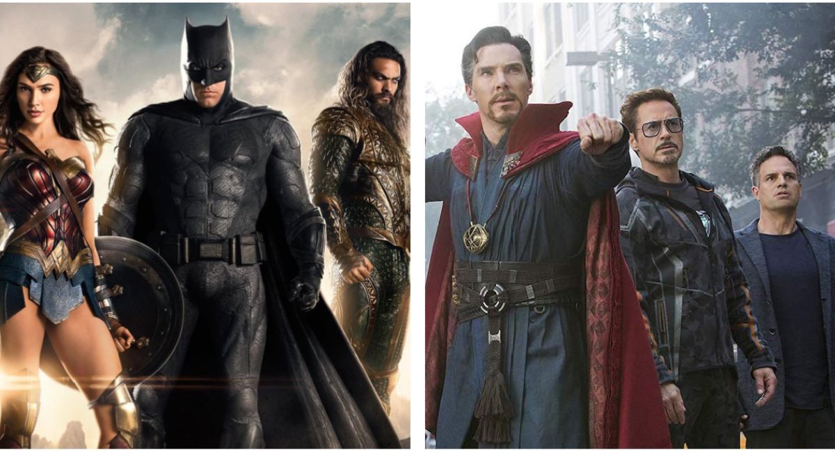 Gal Gadot, Ben Affleck and Jason Momoa in 'Justice League.' (Right) Benedict Cumberbatch, Robert Downey Jr. and Mark Ruffalo in 'Avengers: Infinity War.'