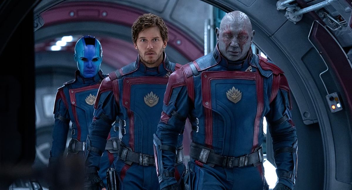 Karen Gillan as Nebula, Chris Pratt as Peter Quill / Star-Lord, and Dave Bautista as Drax the Destroyer in 'Guardians of the Galaxy Vol. 3.'