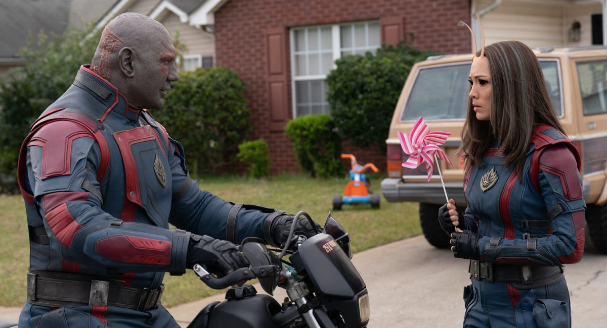 Dave Bautista as Drax the Destroyer and Pom Klementieff as Mantis in 'Guardians of the Galaxy Vol. 3.'