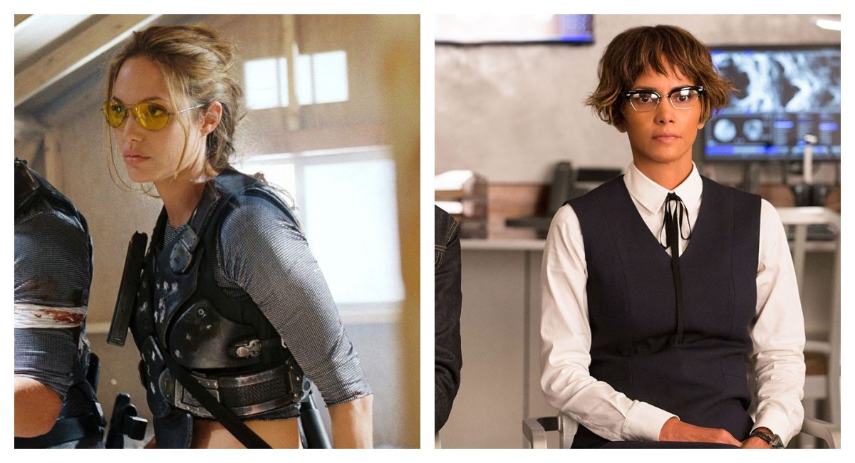 (Left) Angelina Jolie in 'Mr. & Mrs. Smith.' (Right) Halle Berry in 'Kingsman: The Golden Circle.'