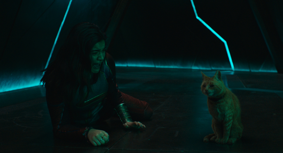 Iman Vellani as Ms. Marvel/Kamala Khan and Goose the Flerken in Marvel Studios' 'The Marvels.'