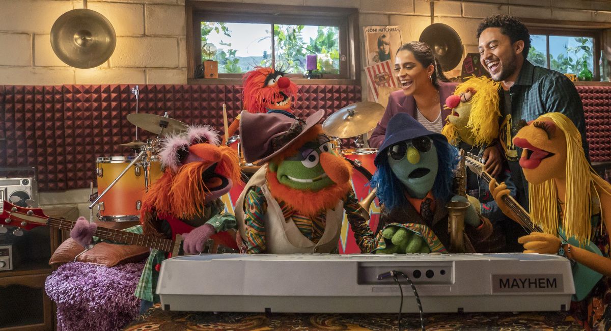Floyd Pepper, Dr. Teeth, Animal, Zoot, Lilly Singh, Lips, Tahj Mowry, and Janice in 'The Muppets Mayhem.'