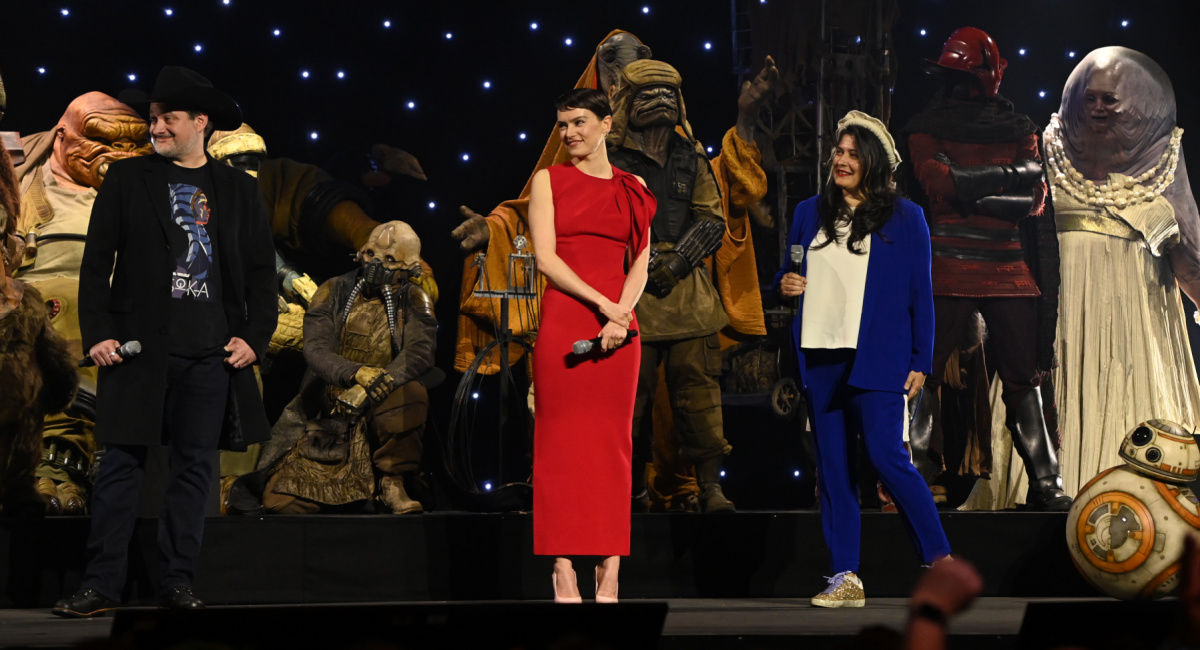 Dave Filoni, Daisy Ridley and director Sharmeen Obaid-Chinoy at Star Wars Celebration 2023.