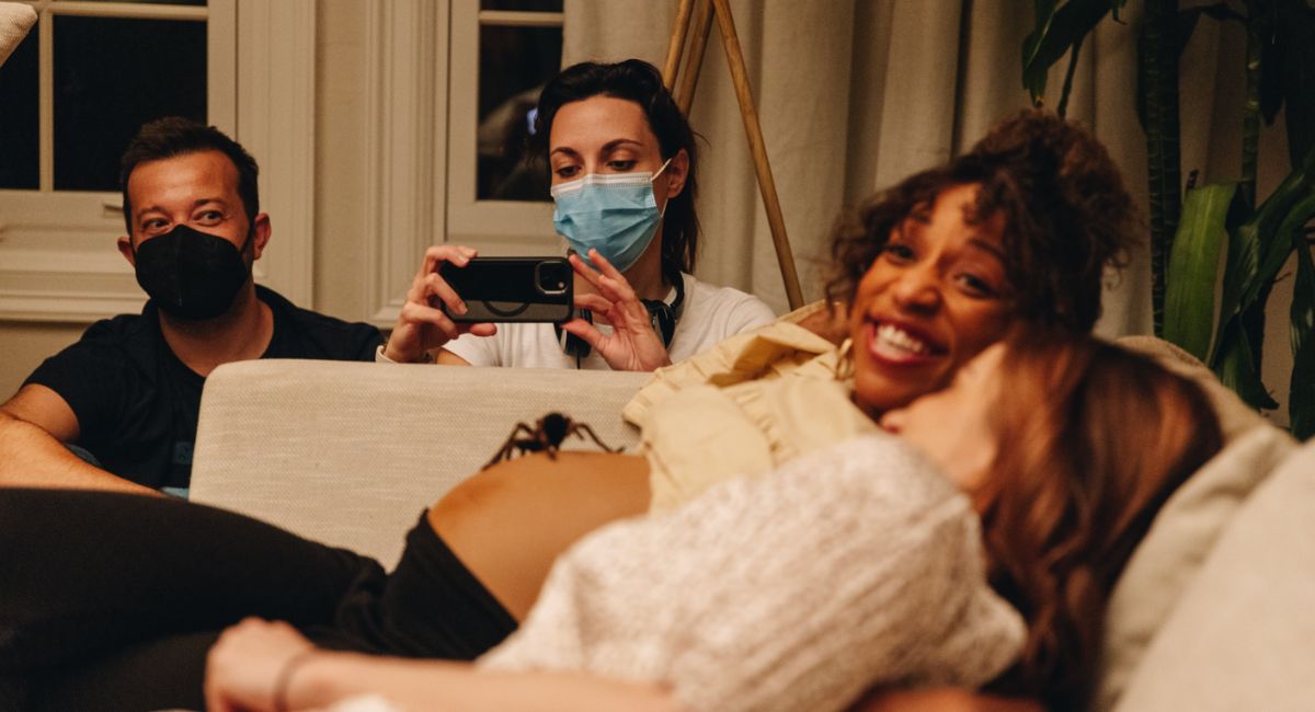 Writer and director Alexis Jacknow on the set of Hulu's 'Clock' with actresses Grace Porter and Dianna Agron.
