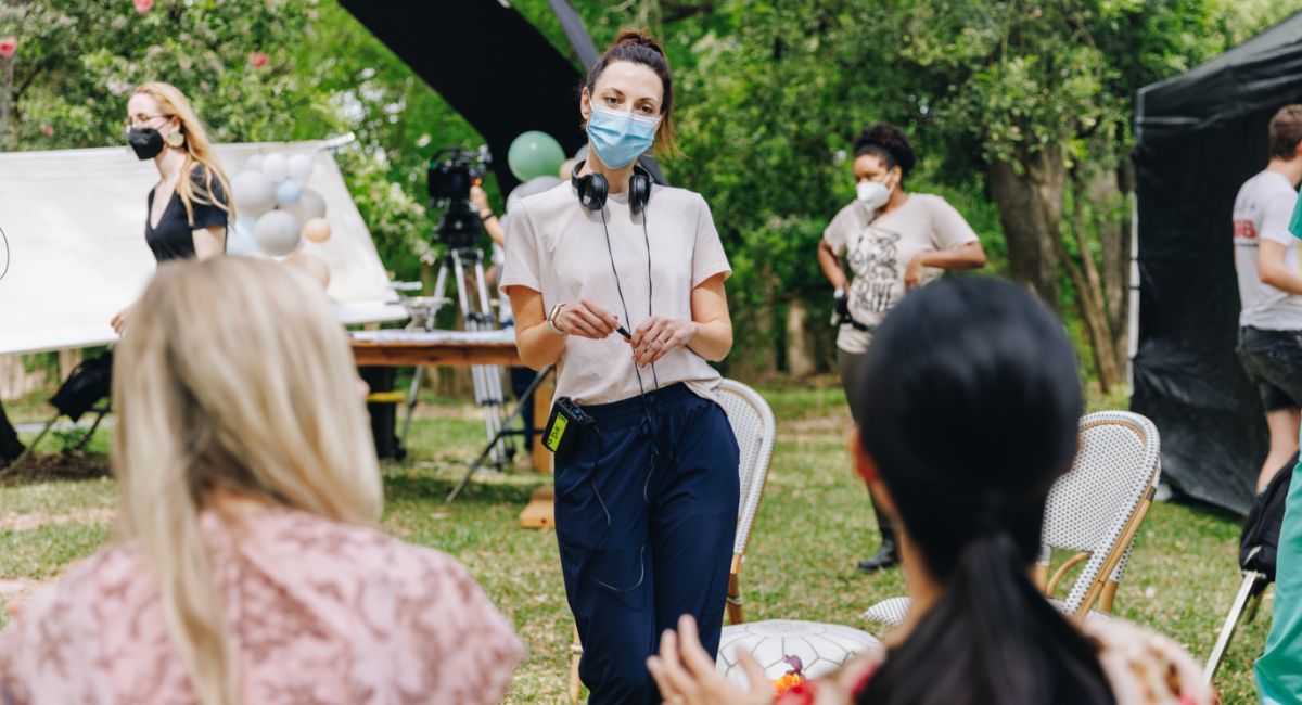 Writer and director Alexis Jacknow on the set of Hulu's 'Clock.'