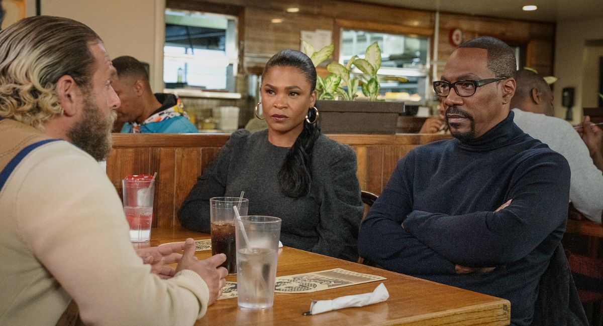Jonah Hill (Writer-Producer) as Ezra, Nia Long as Fatima and Eddie Murphy as Akbar in 'You People.'
