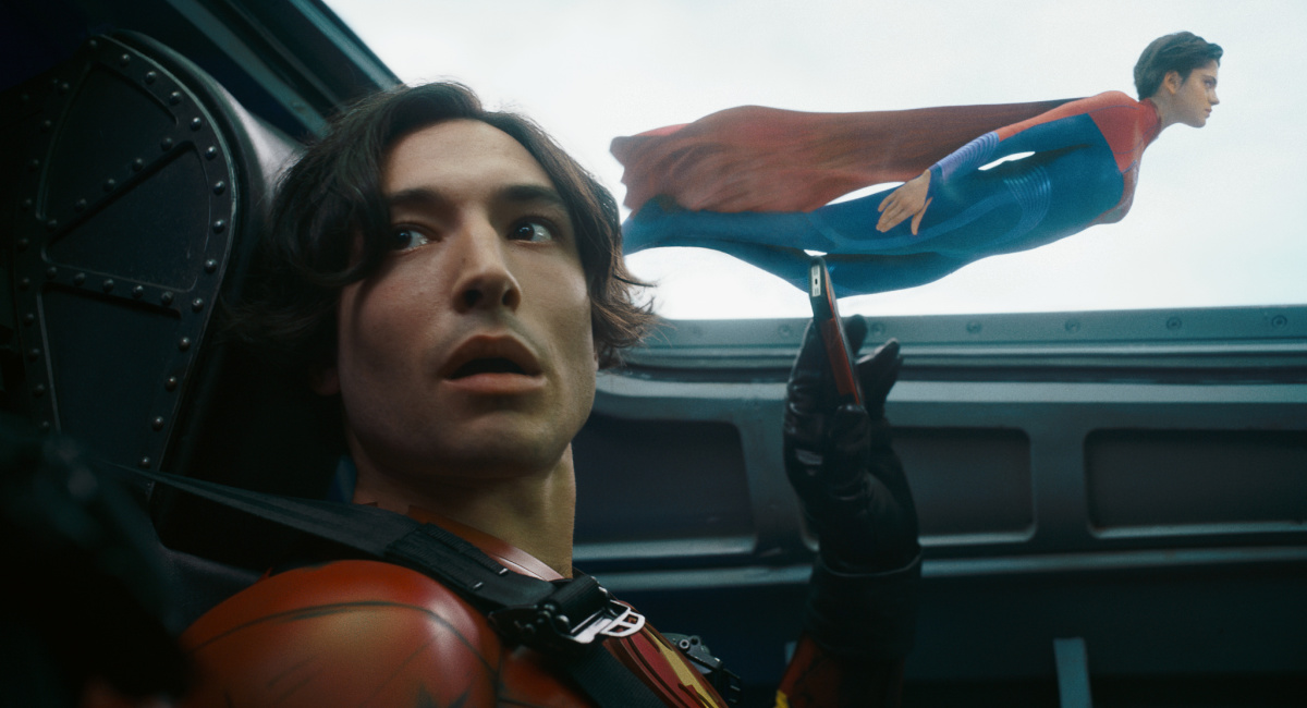Ezra Miller as The Flash and Sasha Calle as Kara Zor-El/Supergirl in Warner Bros. Pictures’ action adventure 'The Flash,' a Warner Bros. Pictures release.