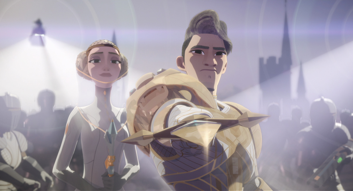 The Director (voice of Frances Conroy) and Ambrosius Goldenloin (voice of Eugene Lee Yang) in 'Nimona.'