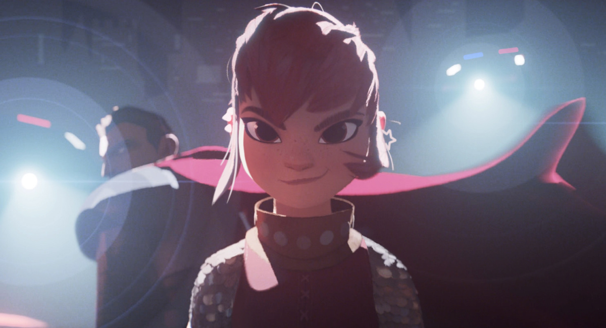 Riz Ahmed as the voice of Ballister Blackheart and Chloë Grace Moretz as the voice of Nimona in 'Nimona.'