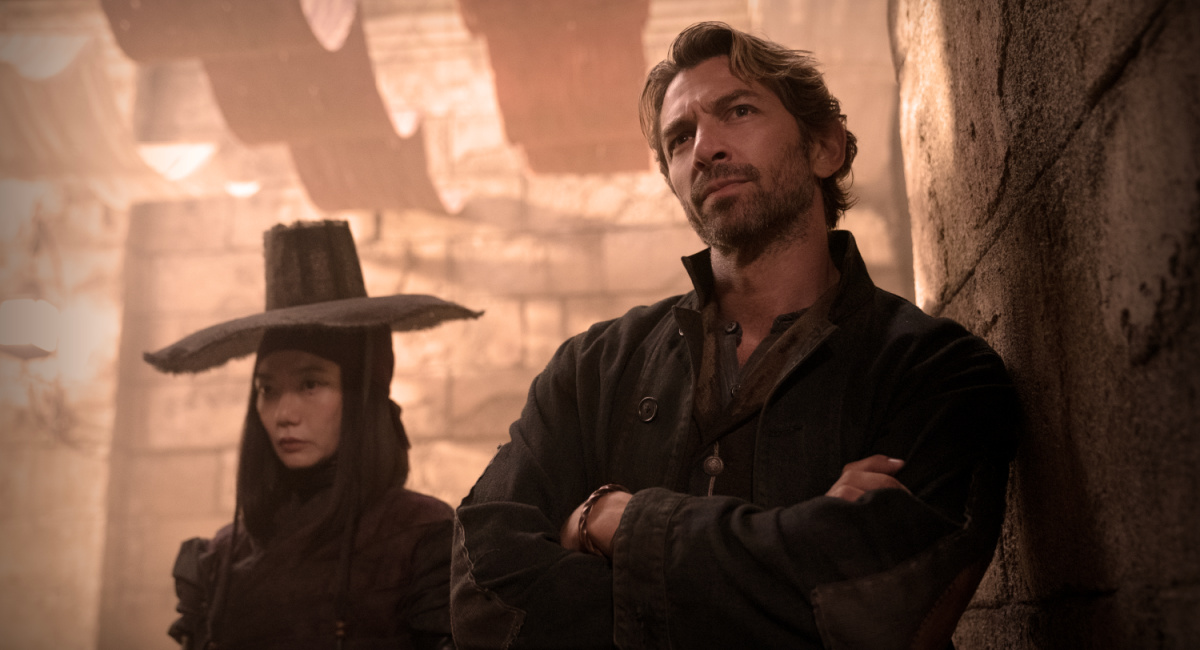Doona Bae as Nemesis and Michiel Huisman as Gunnar in 'Rebel Moon.'