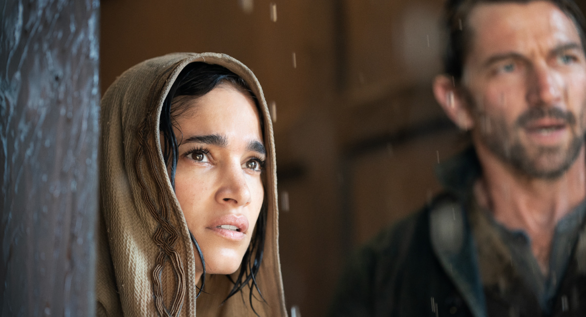 Sofia Boutella as Kora and Michiel Huisman as Gunnar in 'Rebel Moon'.