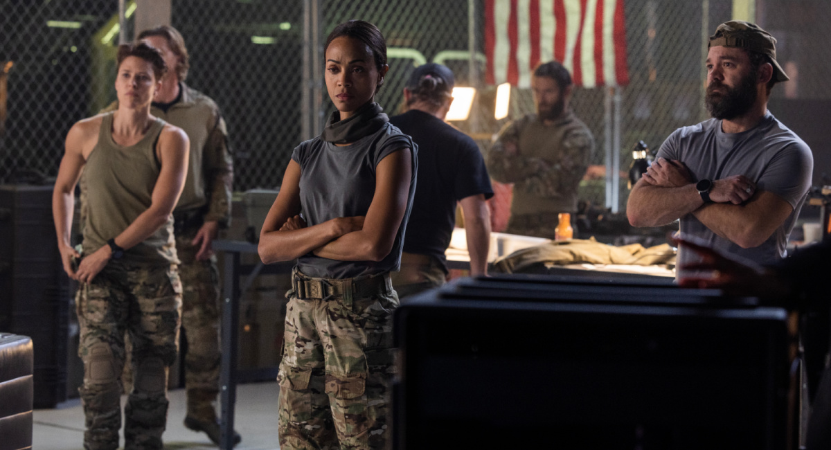 Jill Wagner as Bobby, Thad Luckinbill as Kyle, Zoe Saldana as Joe, James Jordan as Two Cups, Jonah Wharton as Tex, Austin Hébert as Randy in 'Special Ops: Lioness' streaming on Paramount+, 2023.
