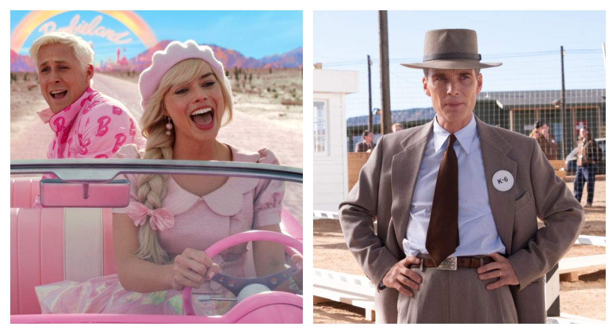 (Left) Ryan Gosling as Ken and Margot Robbie as Barbie in Warner Bros. Pictures’ 'Barbie,' a Warner Bros. Pictures release. Photo Credit: Courtesy of Warner Bros. Pictures. Copyright: © 2023 Warner Bros. Entertainment Inc. All Rights Reserved. (Right) Cillian Murphy is J. Robert Oppenheimer in 'Oppenheimer,' written, produced, and directed by Christopher Nolan.