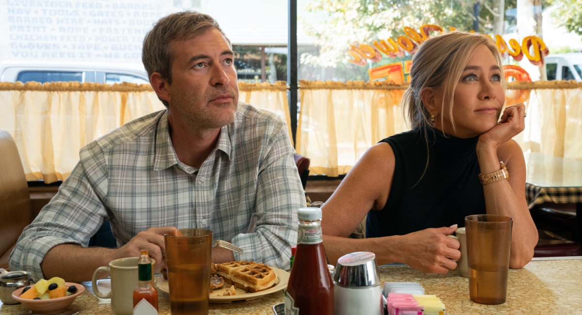 Mark Duplass and Jennifer Aniston in 'The Morning Show,' premiering September 13, 2023 on Apple TV+.