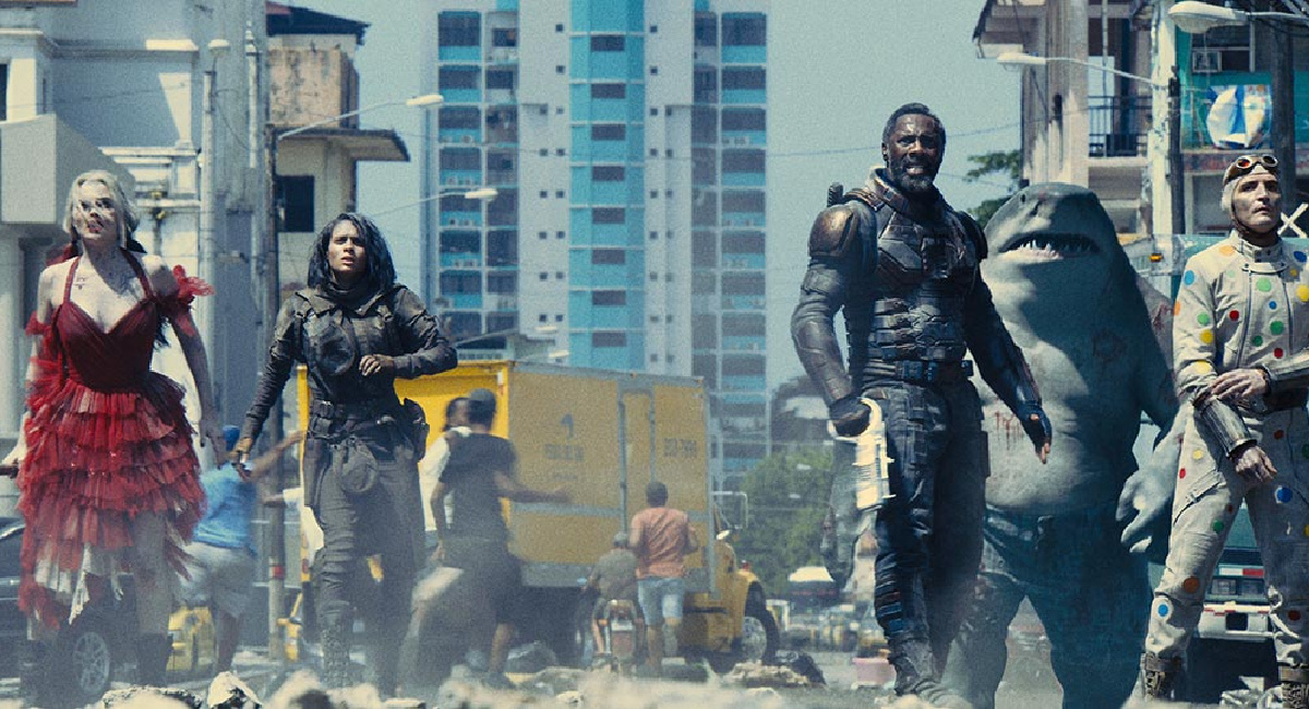 Margot Robbie, Daniela Melchior, Idris Elba, Sylvester Stallone, and David Dastmalchian in 'The Suicide Squad'