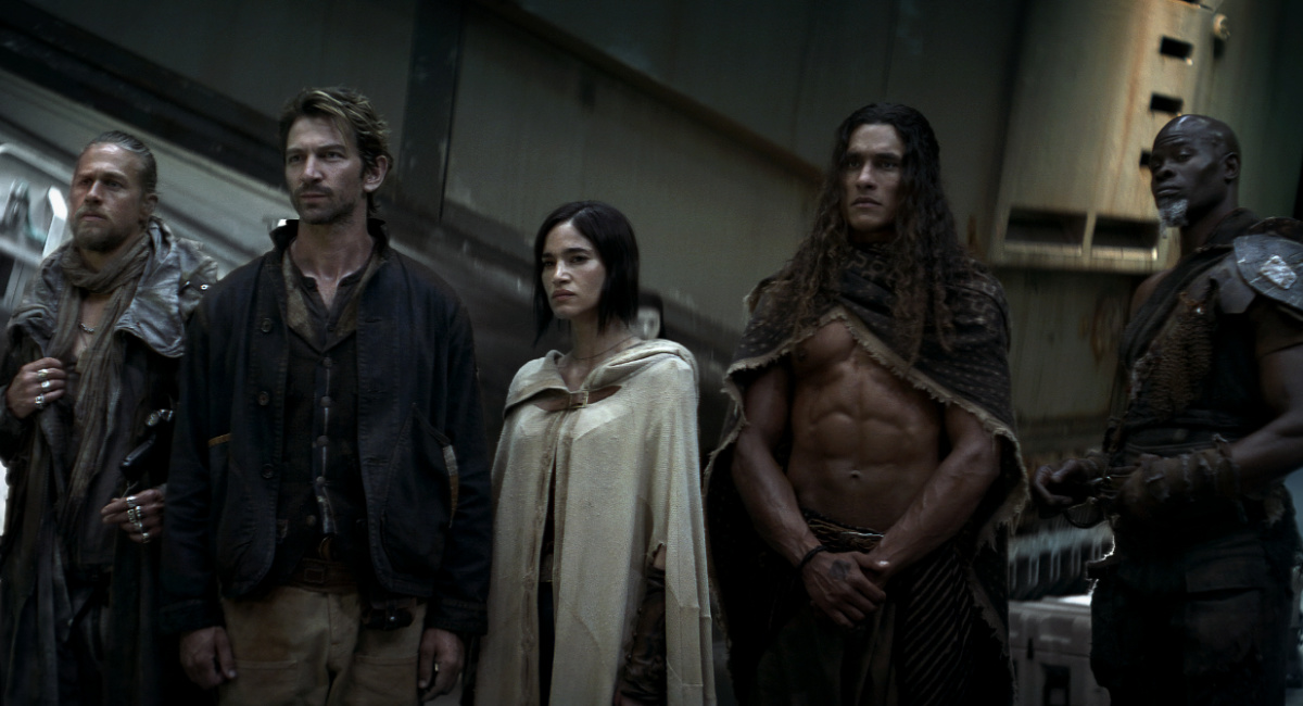 Charlie Hunnam as Kai, Michiel Huisman as Gunnar, Sofia Boutella as Kora, Staz Nair as Tarak and Djimon Hounsou as Titus in 'Rebel Moon.'