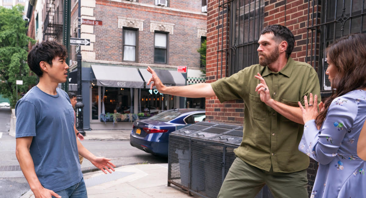 Justin Min as Ben, Ally Maki as Miko, Timothy Simons as Leon in 'Shortcomings.'