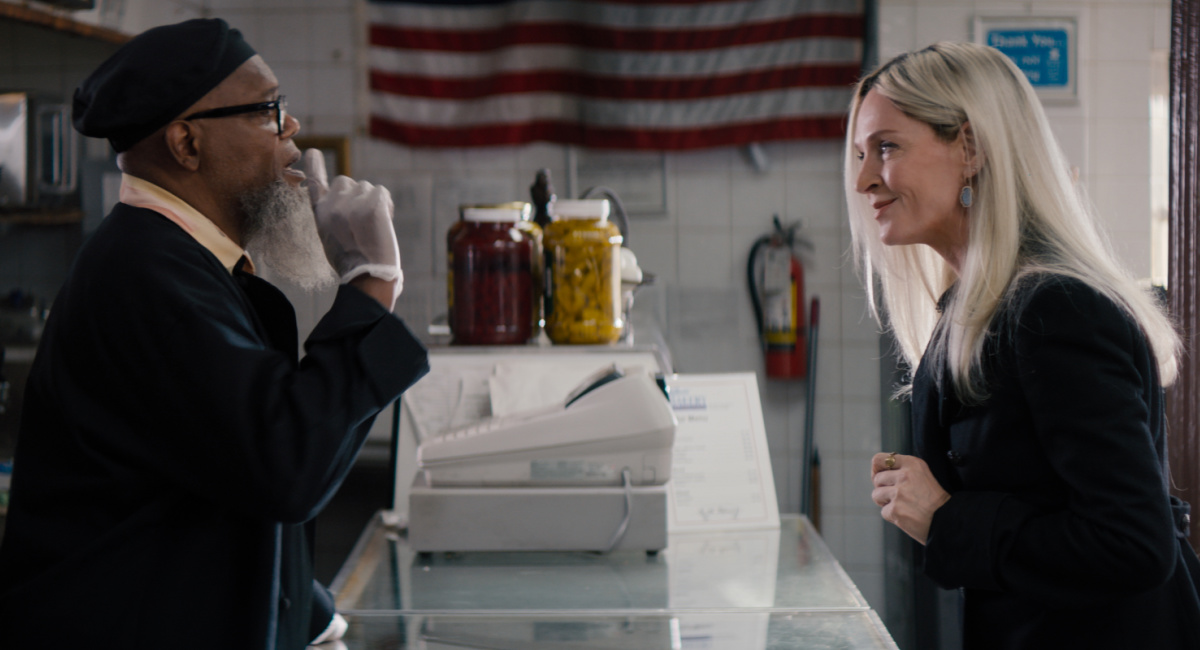 Samuel L. Jackson as Gordon Davis and Uma Thurman as Patrice Capullo in Shout! Studio's 'The Kill Room.'