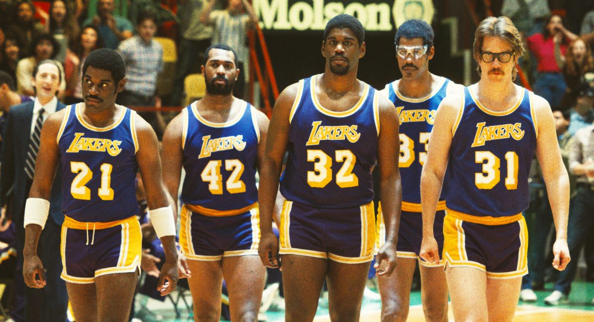 Delante Desouza as Michael Cooper, Quentin A. Shropshire as James Worthy, Quincy Isaiah as Magic Johnson, Solomon Hughes as Kareem Abdul-Jabbar, and Joel Allen as Kurt Rambis in HBO's 'Winning Time: The Rise of the Lakers Dynasty.'