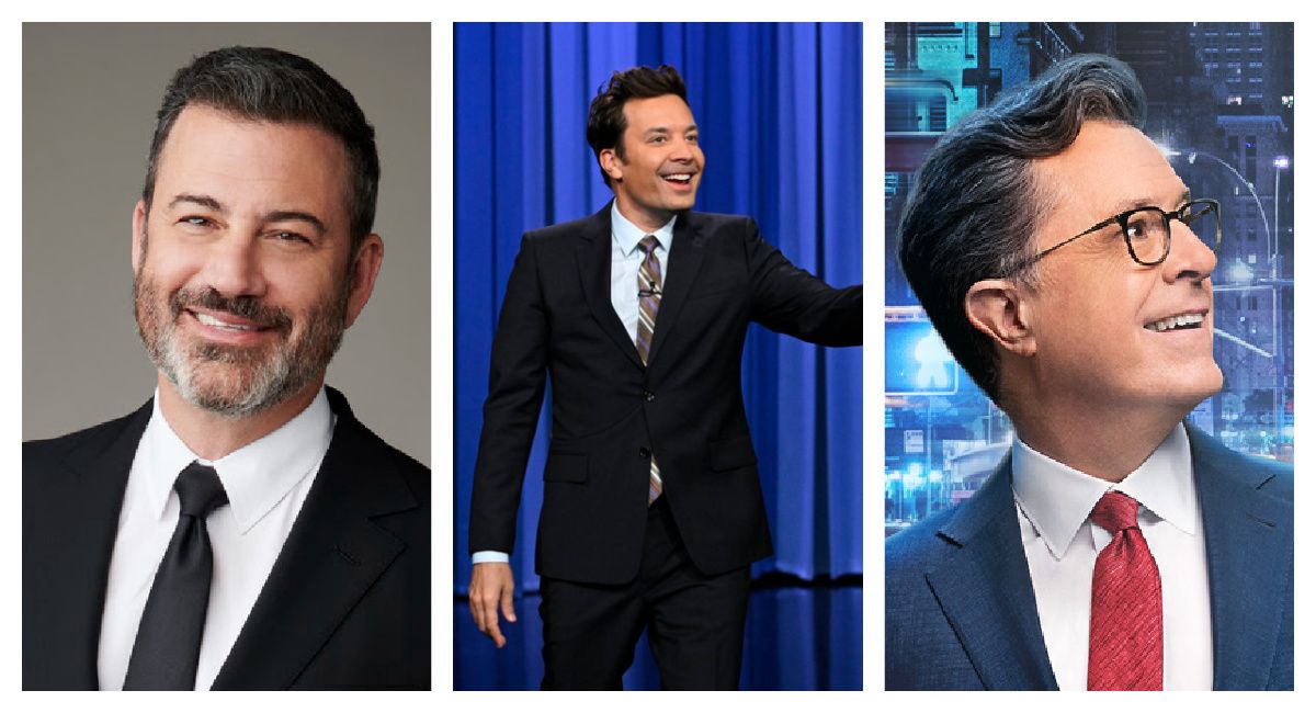 (Left) Jimmy Kimmel. Photo: ABC/Jeff Lipsky. (Center) 'Tonight Show' host Jimmy Fallon. Photo: Todd Owyoung/NBC. (Right) Stephen Colbert from 'The Late Show with Stephen Colbert.' Photo: CBS.com.