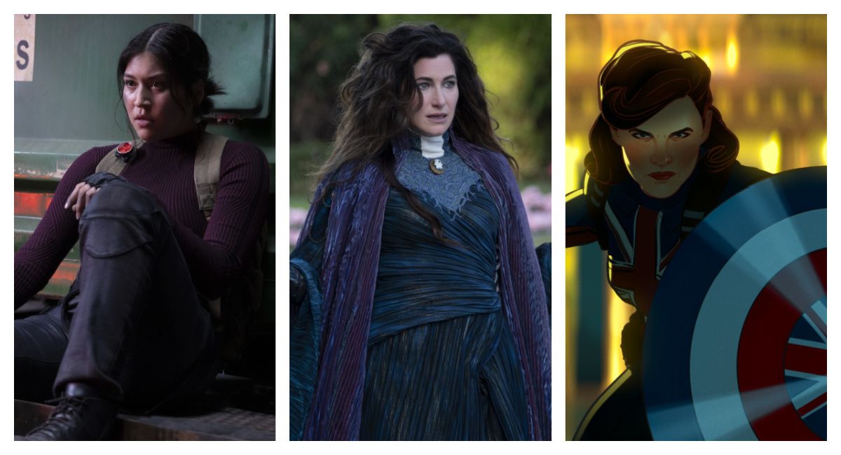 (Left) Alaqua Cox as Maya Lopez in Disney+'s 'Echo.' Kathryn Hahn as Agatha Harkness in Marvel Studios' 'Wandavision' exclusively on Disney+. Captain Carter in Marvel Studios' 'What If…?' exclusively on Disney+.