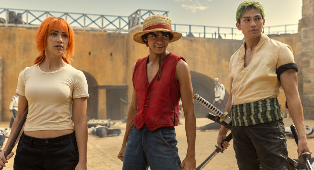 Emily Rudd as Nami, Iñaki Godoy as Monkey D. Luffy, Mackenyu Arata as Roronoa Zoro in season 1 of 'One Piece.'