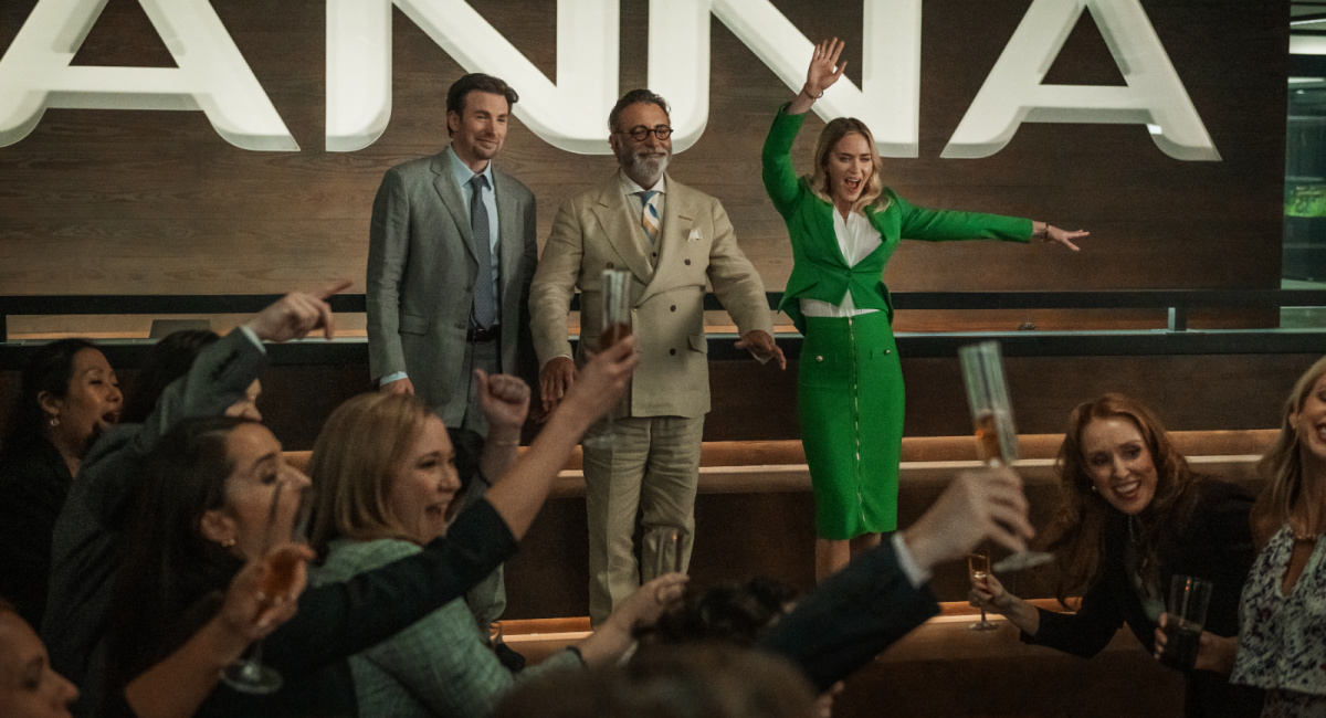 Chris Evans as Brenner, Andy Garcia as Neel, and Emily Blunt as Liza in 'Pain Hustlers.'