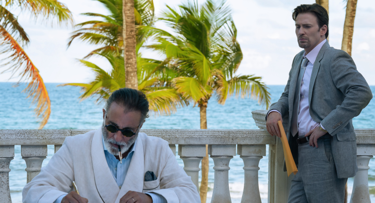 Andy Garcia as Neel and Chris Evans as Brenner in 'Pain Hustlers.'