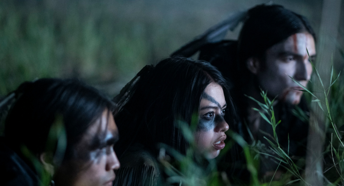 Harlan Blayne Kytwayhat as Itsee, Amber Midthunder as Naru, and Dakota Beavers as Taabe in 20th Century Studios' 'Prey,' exclusively on Hulu.