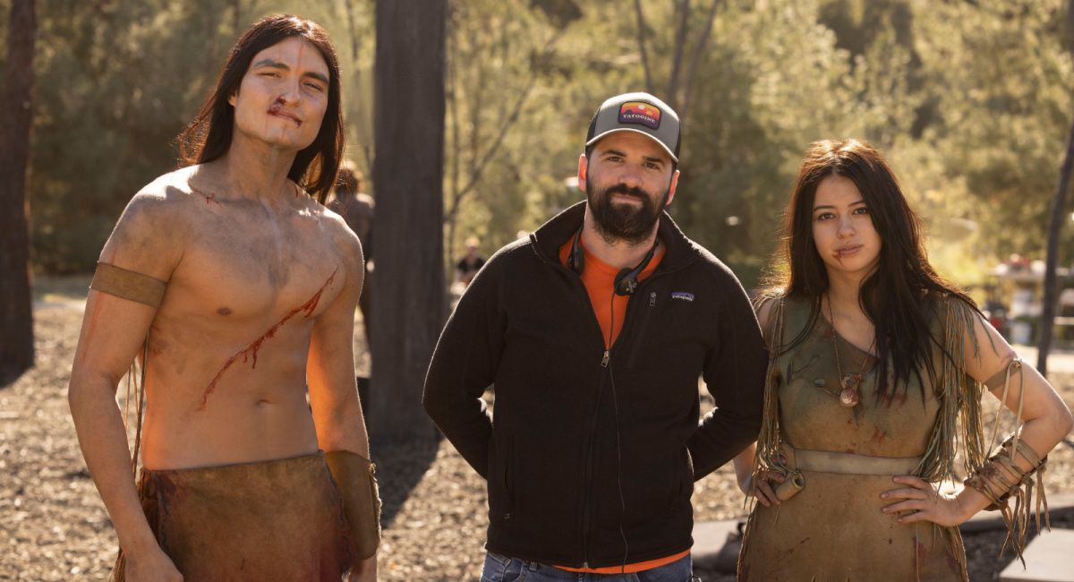 Dakota Beavers as Taabe, Director Dan Trachtenberg, and Amber Midthunder as Naru behind the scenes of 20th Century Studios' 'Prey,' exclusively on Hulu.
