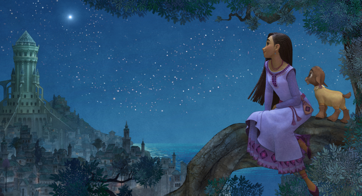 Ariana DeBose as Asha and Alan Tudyk as the pajama-wearing goat, Valentino in “Wish,” which is helmed by Chris Buck and Fawn Veerasunthorn.