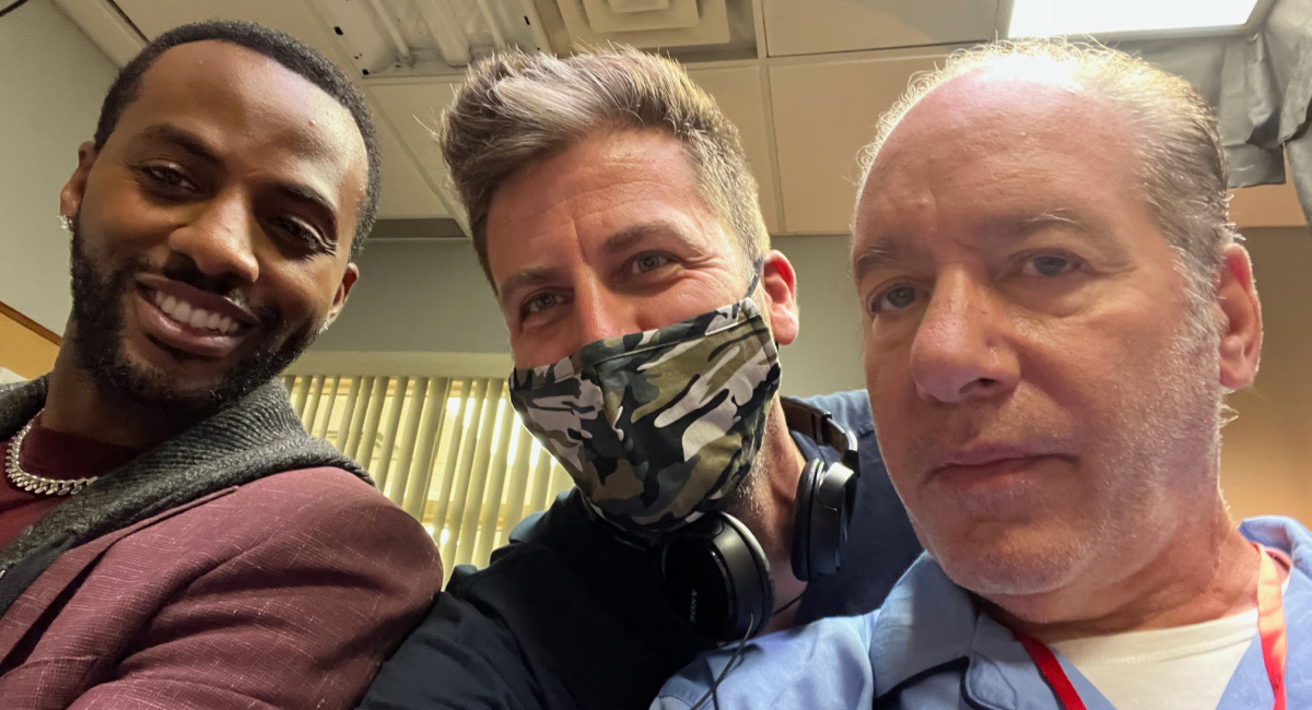 Jordan Johnson-Hinds, director Shane Belcourt, and Andrew Dice Clay on the set of 'Warrior Strong.'