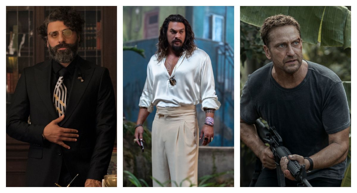(Left) Oscar Isaac in 'Big Gold Brick.' (Center) Jason Momoa as Dante in 'Fast X.' (Right) Gerard Butler as Brodie Torrance in 'Plane.'