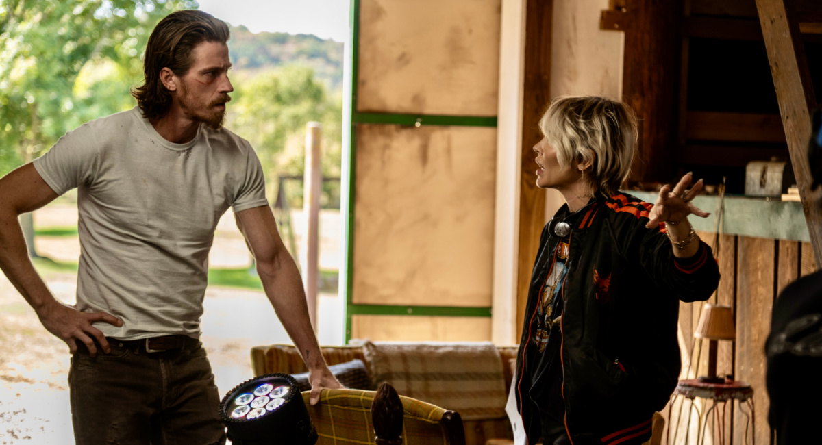 Garrett Hedlund and director Nadine Crocker on the set of 'Desperation Road.'