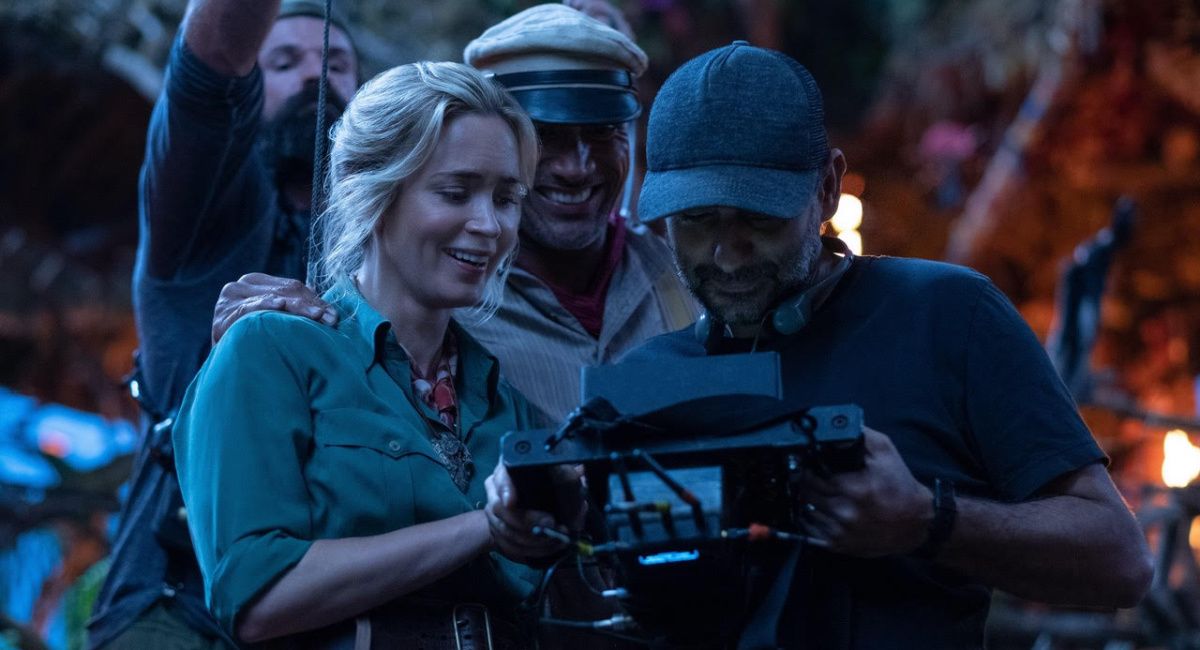 Emily Blunt, Dwayne Johnson and director Jaume Collet-Serra on the set of 'Jungle Cruise.'