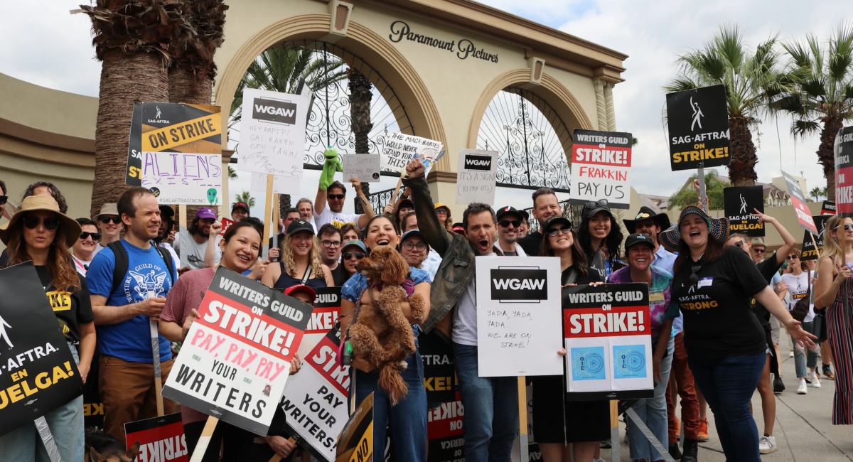 WGA + SAG-AFTRA members walk the line at Paramount on Sept. 20.
